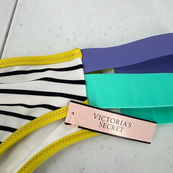 NWT VS Swim Hottie Set 32D M Push Up Bikini Black Stripe Neon Colorblock Itsy - Picture 7 of 14